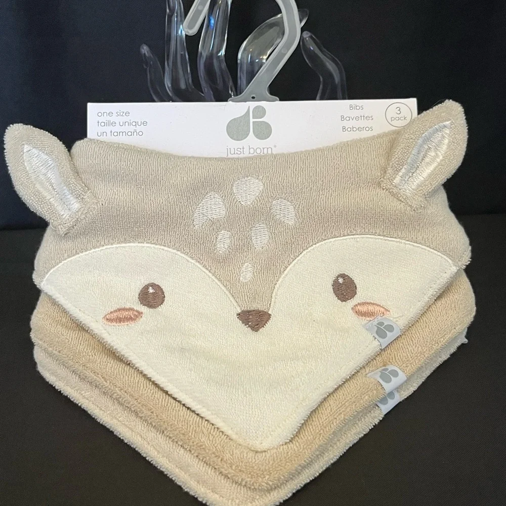 BNWT Just Born Tan and Cream Animal Baby Bibs - 3 Pack